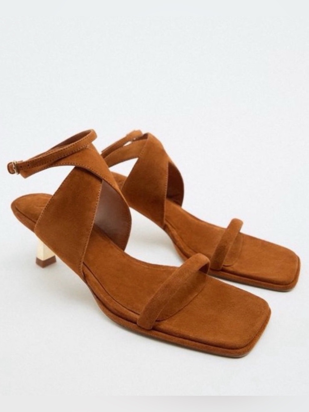 Zara Tan Suede Heel Sandals Ankle Strap Sz 7.5 / 38
